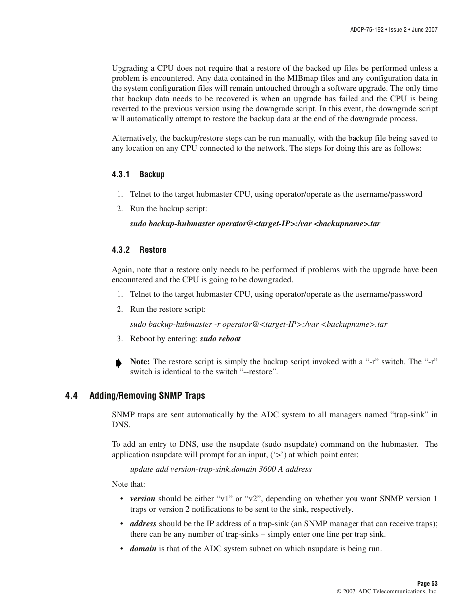 1 backup, 2 restore, 4 adding/removing snmp traps | Backup, Restore, Adding/removing snmp traps | ADC 75-192 User Manual | Page 65 / 74