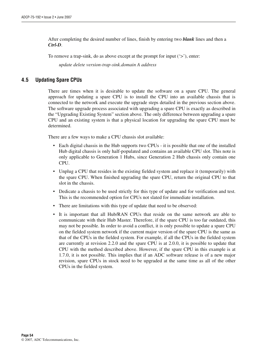 5 updating spare cpus, Updating spare cpus | ADC 75-192 User Manual | Page 66 / 74