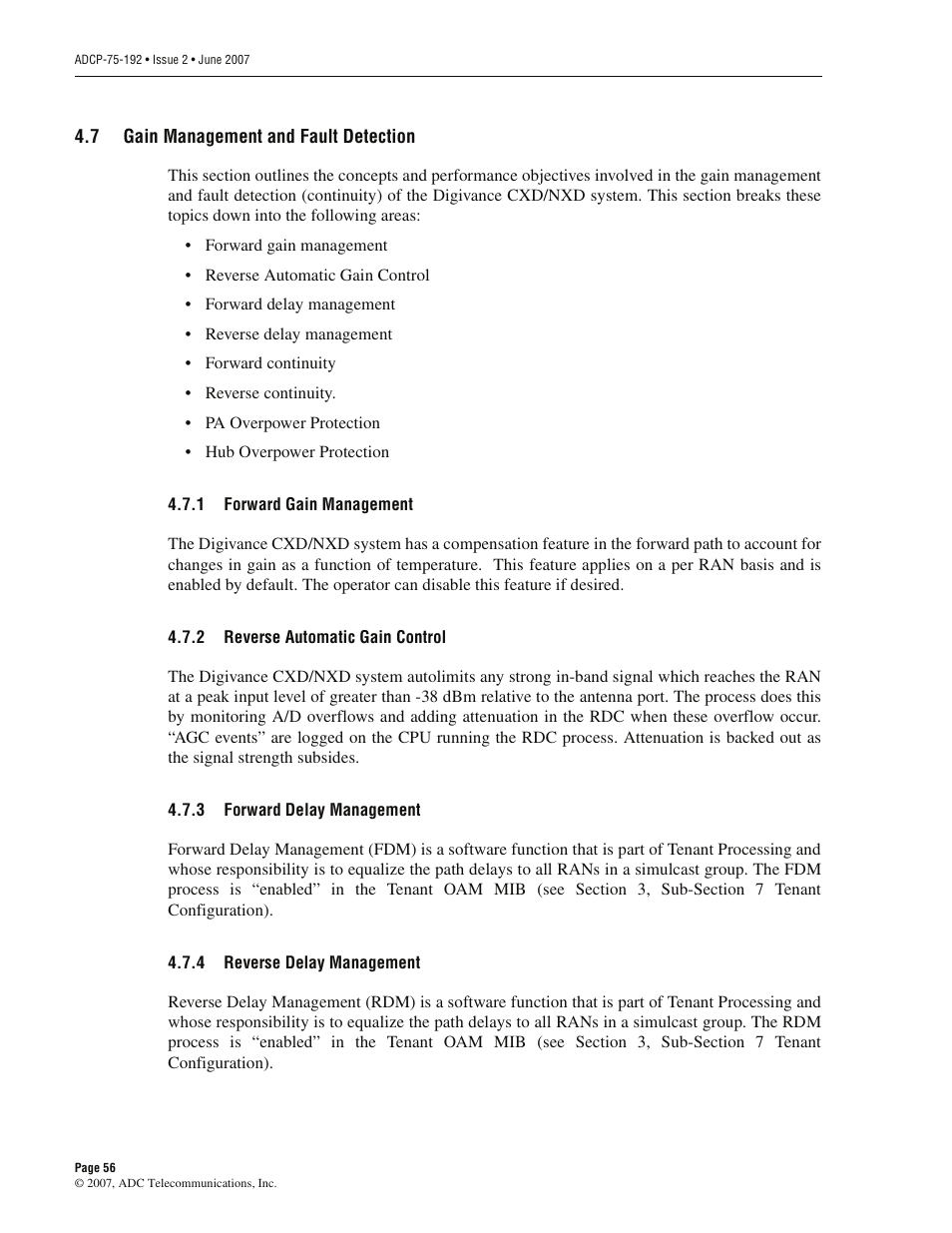 7 gain management and fault detection, 1 forward gain management, 2 reverse automatic gain control | 3 forward delay management, 4 reverse delay management, Gain management and fault detection, Forward gain management, Reverse automatic gain control, Forward delay management, Reverse delay management | ADC 75-192 User Manual | Page 68 / 74