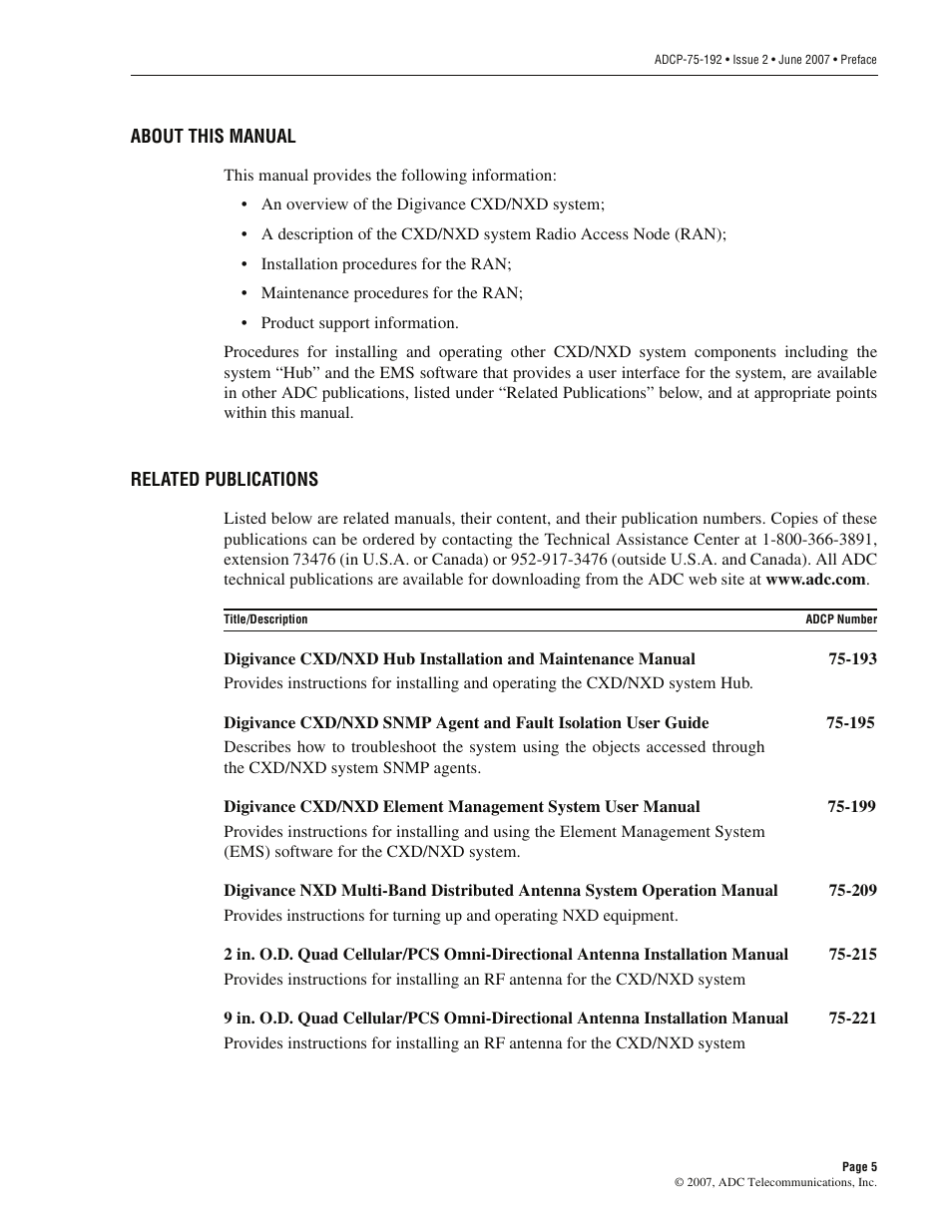 About this manual, Related publications | ADC 75-192 User Manual | Page 7 / 74