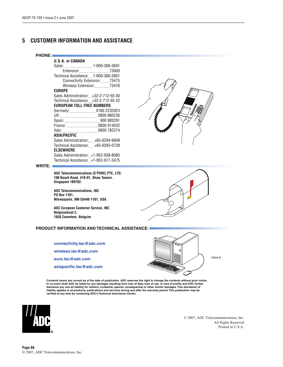 5 customer information and assistance, Customer information and assistance, 5customer information and assistance | ADC 75-192 User Manual | Page 72 / 74