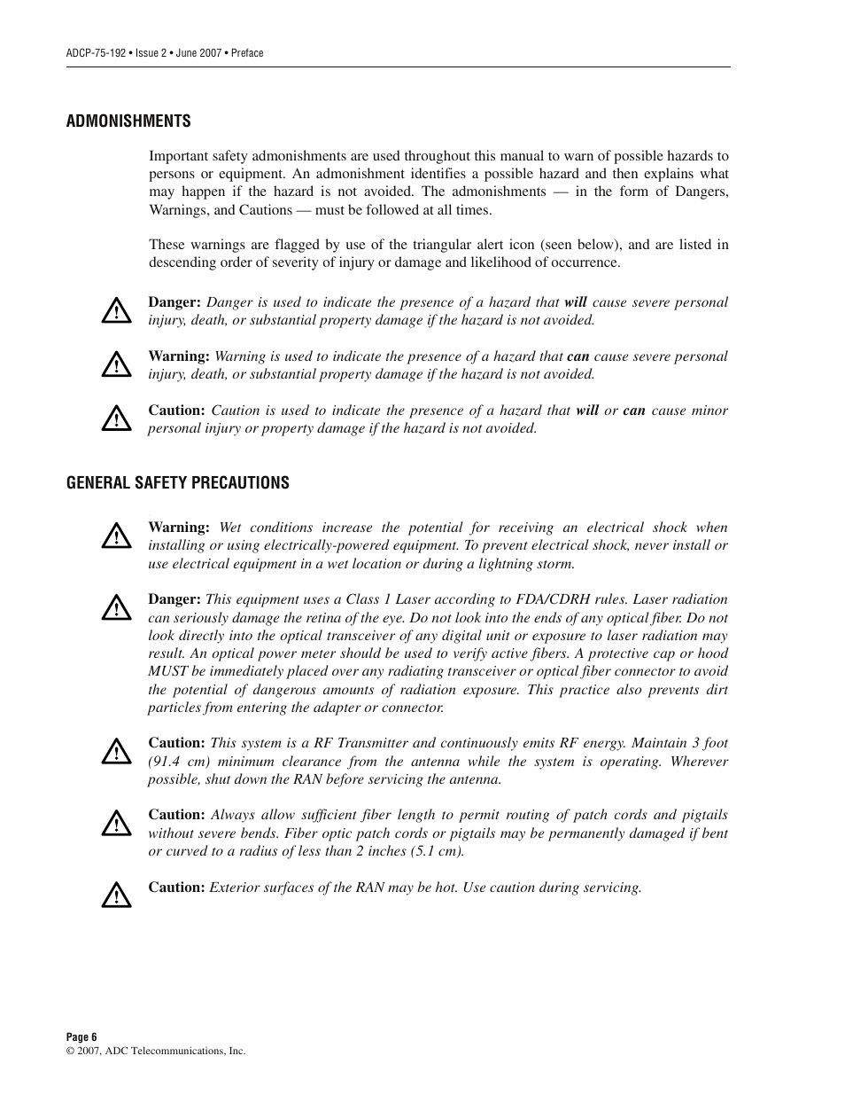 Admonishments, General safety precautions | ADC 75-192 User Manual | Page 8 / 74