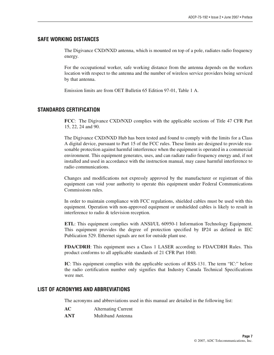 Safe working distances, Standards certification, List of acronyms and abbreviations | ADC 75-192 User Manual | Page 9 / 74
