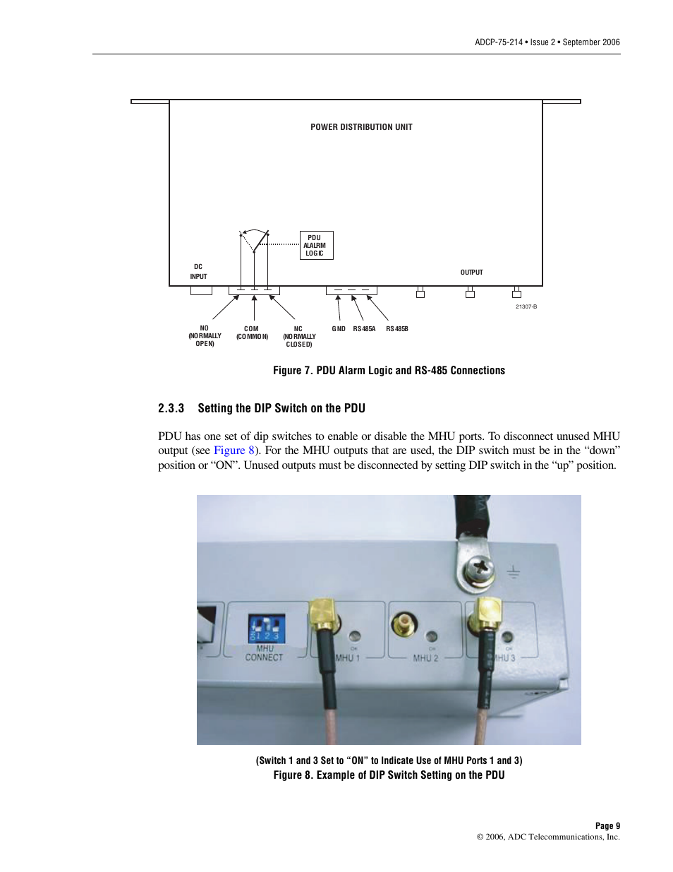 Figure 7, Figure 7. pdu alarm logic and rs-485 connections, Figure 8. example of dip switch setting on the pdu | ADC ClearGain Dual Inline Tower Mounted Amplifier System User Manual | Page 15 / 28