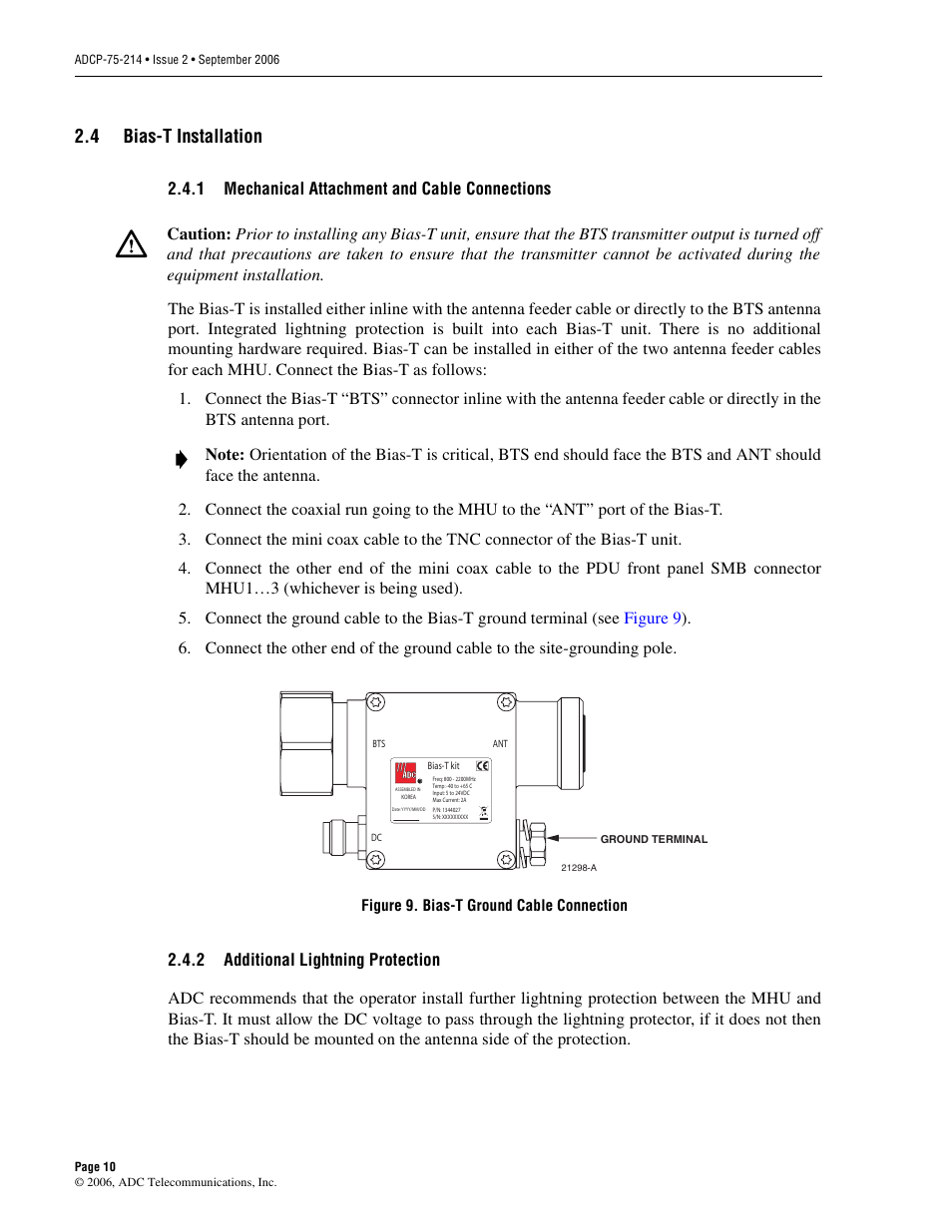 4 bias-t installation, Bias-t installation | ADC ClearGain Dual Inline Tower Mounted Amplifier System User Manual | Page 16 / 28