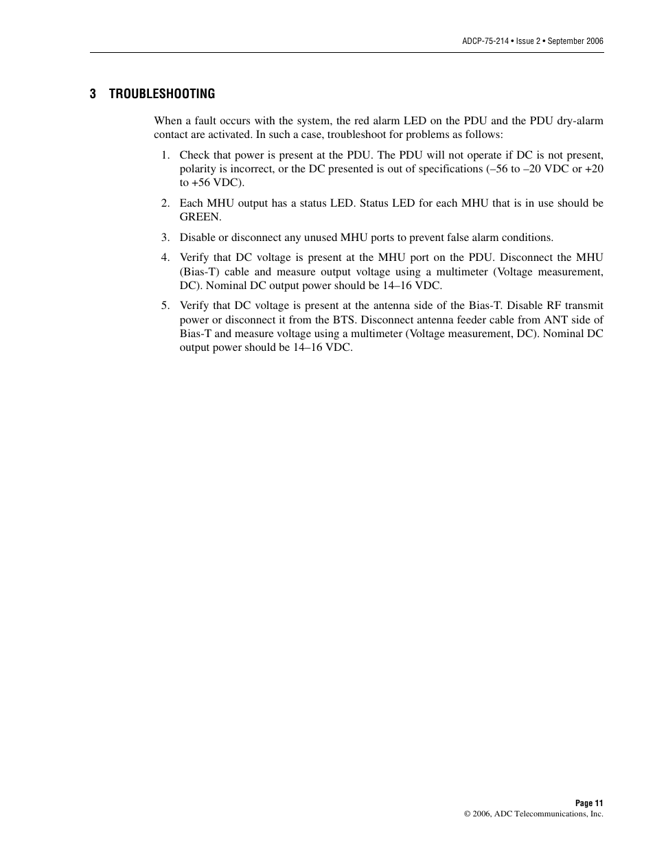 3 troubleshooting, Troubleshooting | ADC ClearGain Dual Inline Tower Mounted Amplifier System User Manual | Page 17 / 28