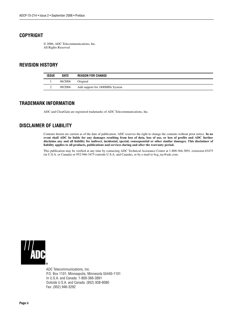 Copyright, Revision history trademark information, Disclaimer of liability | ADC ClearGain Dual Inline Tower Mounted Amplifier System User Manual | Page 2 / 28