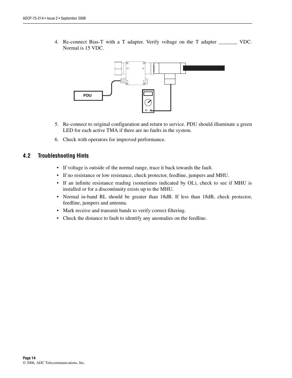 2 troubleshooting hints, Troubleshooting hints | ADC ClearGain Dual Inline Tower Mounted Amplifier System User Manual | Page 20 / 28