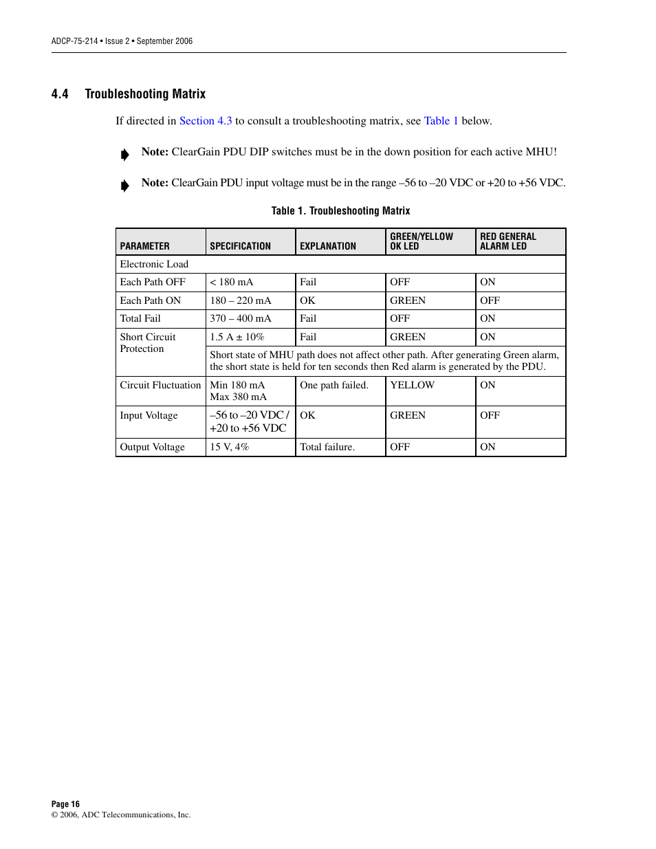 4 troubleshooting matrix, Troubleshooting matrix, Section 4.4 | ADC ClearGain Dual Inline Tower Mounted Amplifier System User Manual | Page 22 / 28