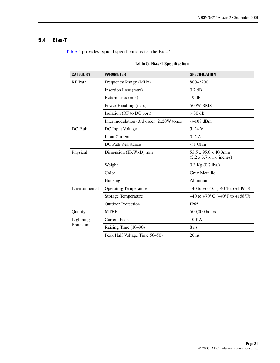 4 bias-t, Bias-t | ADC ClearGain Dual Inline Tower Mounted Amplifier System User Manual | Page 27 / 28