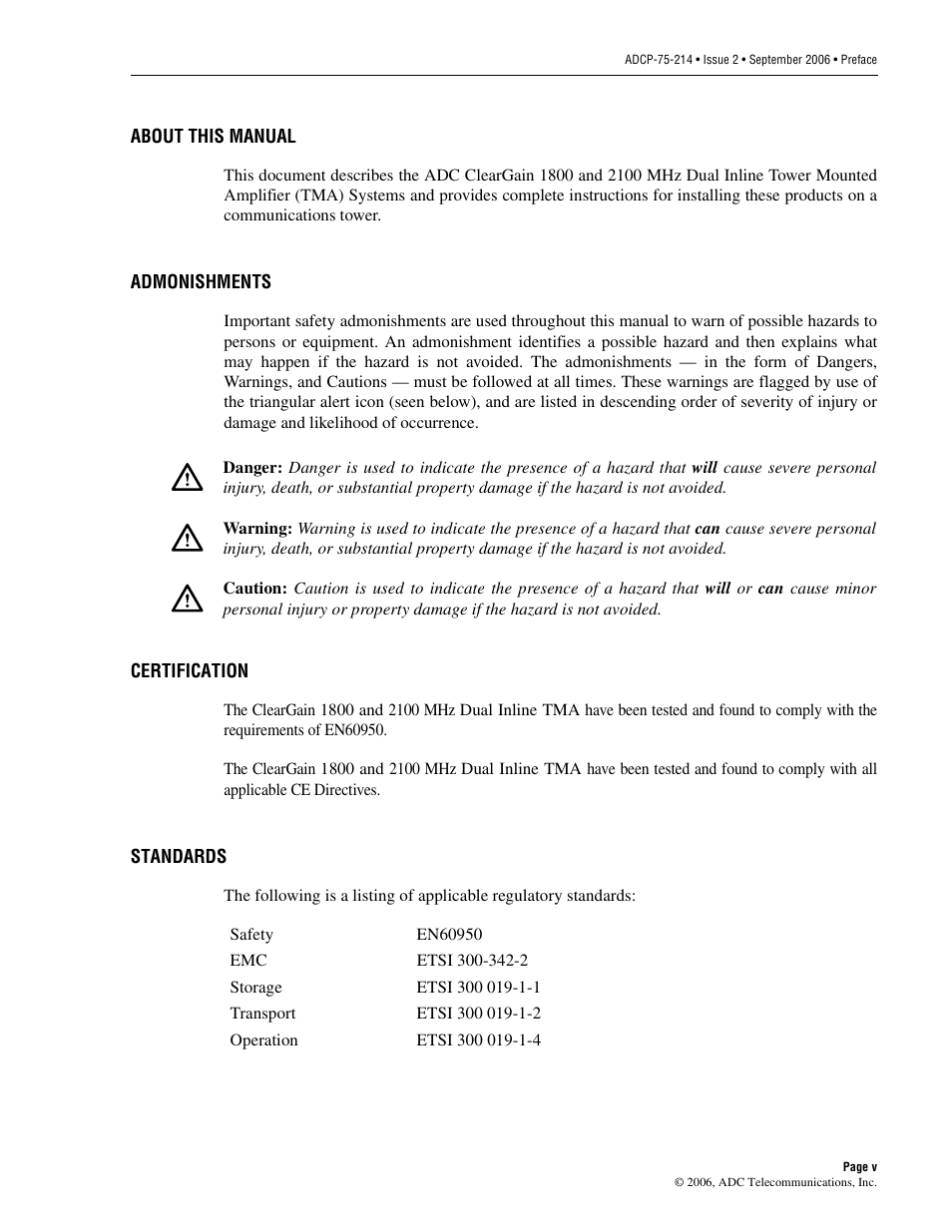 About this manual, Admonishments, Certification | Standards | ADC ClearGain Dual Inline Tower Mounted Amplifier System User Manual | Page 5 / 28