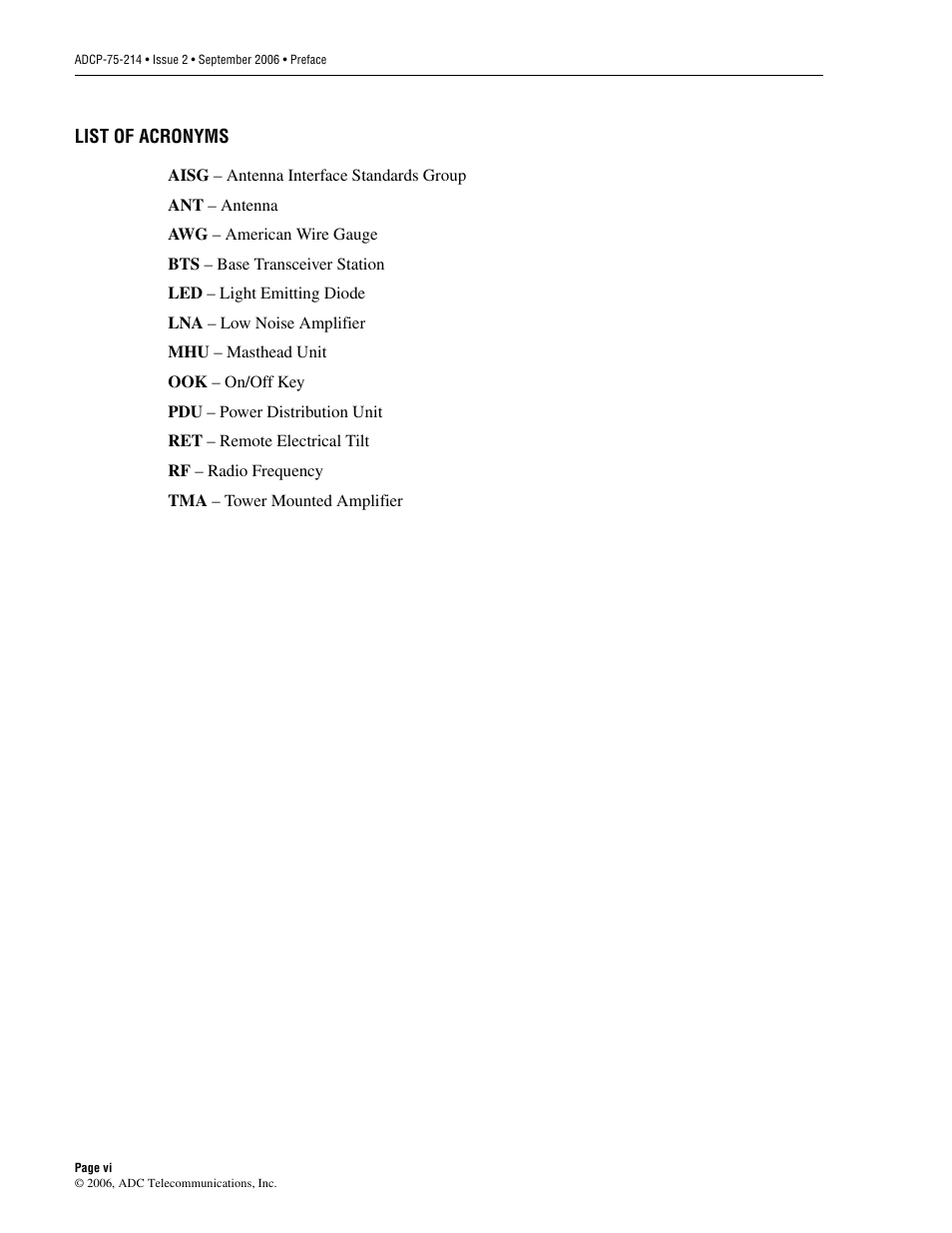 List of acronyms | ADC ClearGain Dual Inline Tower Mounted Amplifier System User Manual | Page 6 / 28