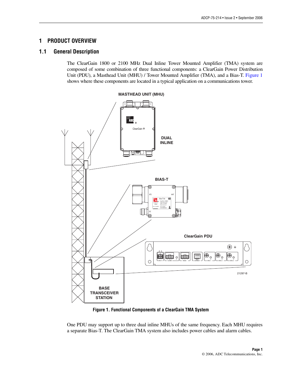 1 product overview, 1 general description, Product overview | General description, 1product overview 1.1 general description, Masthead unit (mhu) base transceiver station, Cleargain pdu dual inline, Bias-t | ADC ClearGain Dual Inline Tower Mounted Amplifier System User Manual | Page 7 / 28