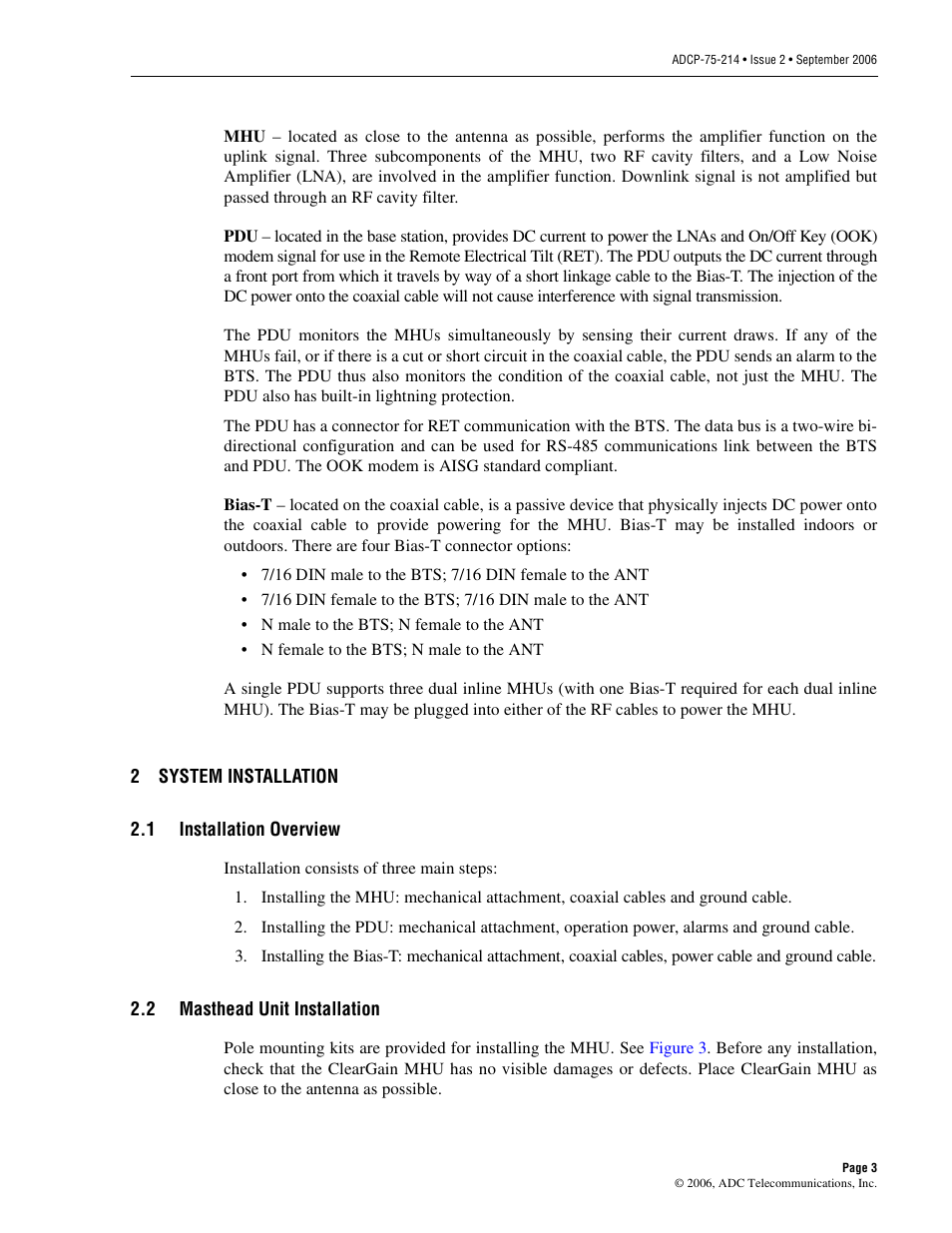 2 system installation, 1 installation overview, 2 masthead unit installation | System installation, Installation overview, Masthead unit installation | ADC ClearGain Dual Inline Tower Mounted Amplifier System User Manual | Page 9 / 28