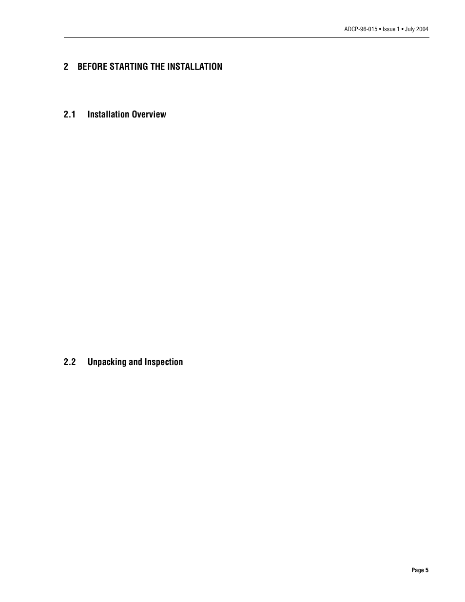 2 before starting the installation, 1 installation overview, 2 unpacking and inspection | Before starting the installation, Installation overview, Unpacking and inspection | ADC ACE-142S/142V User Manual | Page 11 / 55