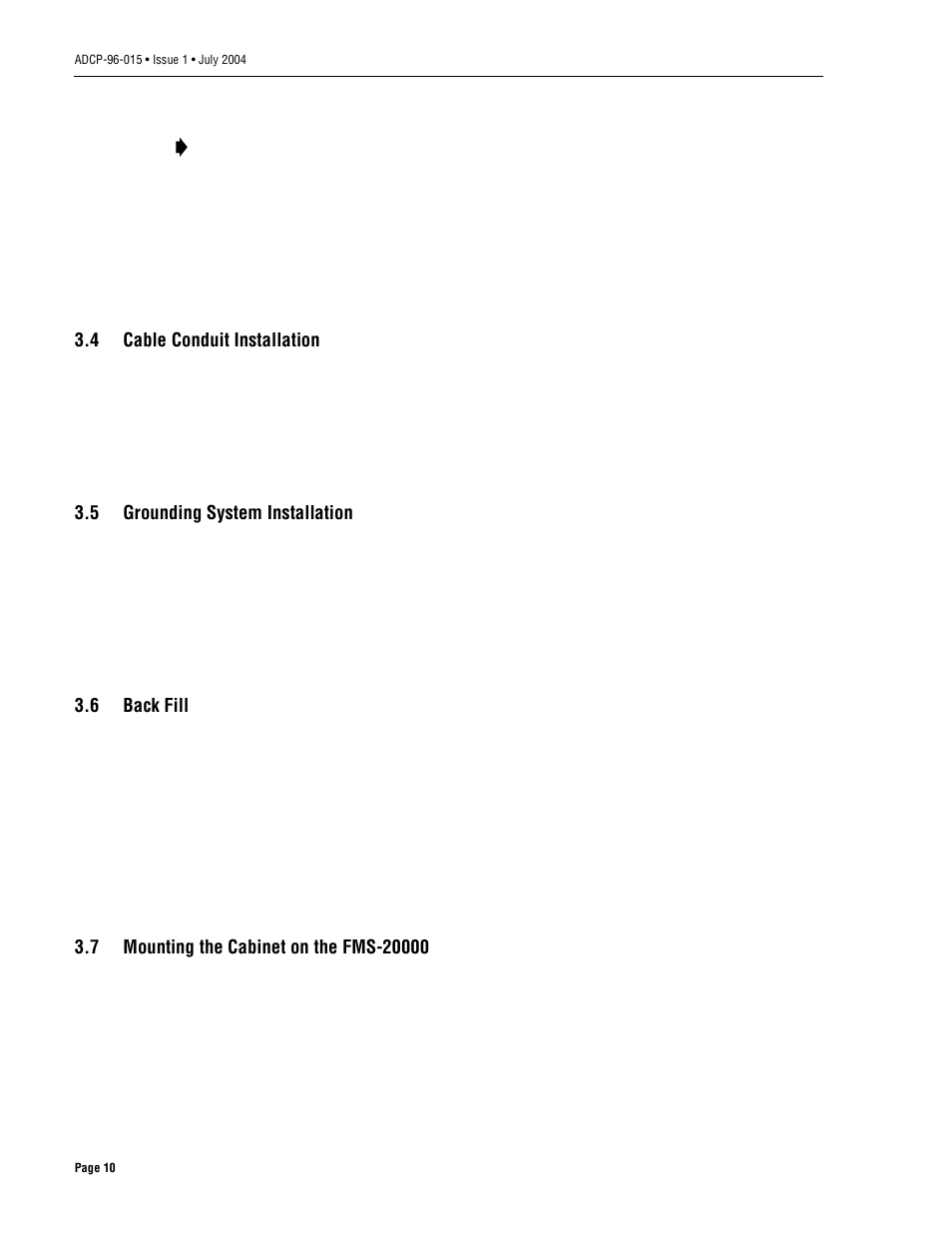 4 cable conduit installation, 5 grounding system installation, 6 back fill | 7 mounting the cabinet on the fms-20000, Cable conduit installation, Grounding system installation, Back fill, Mounting the cabinet on the fms-20000 | ADC ACE-142S/142V User Manual | Page 16 / 55
