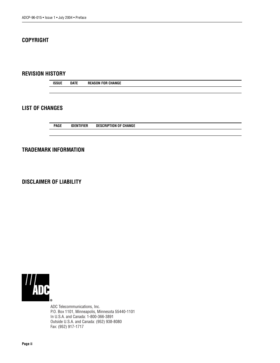 Copyright, Revision history list of changes, Trademark information | Disclaimer of liability | ADC ACE-142S/142V User Manual | Page 2 / 55