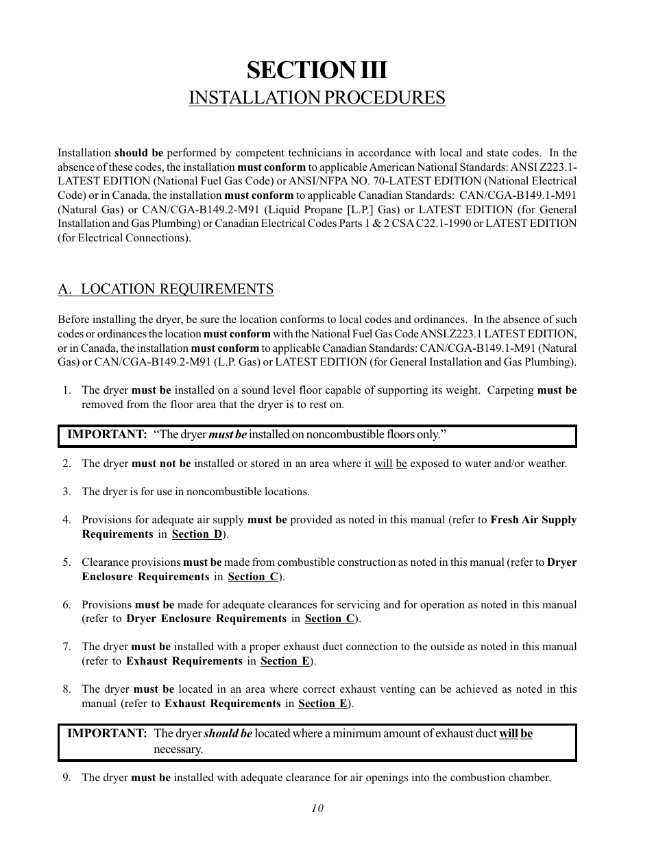Section iii installation procedures, A. location requirements, Installation procedures | ADC AD-170SE User Manual | Page 14 / 58