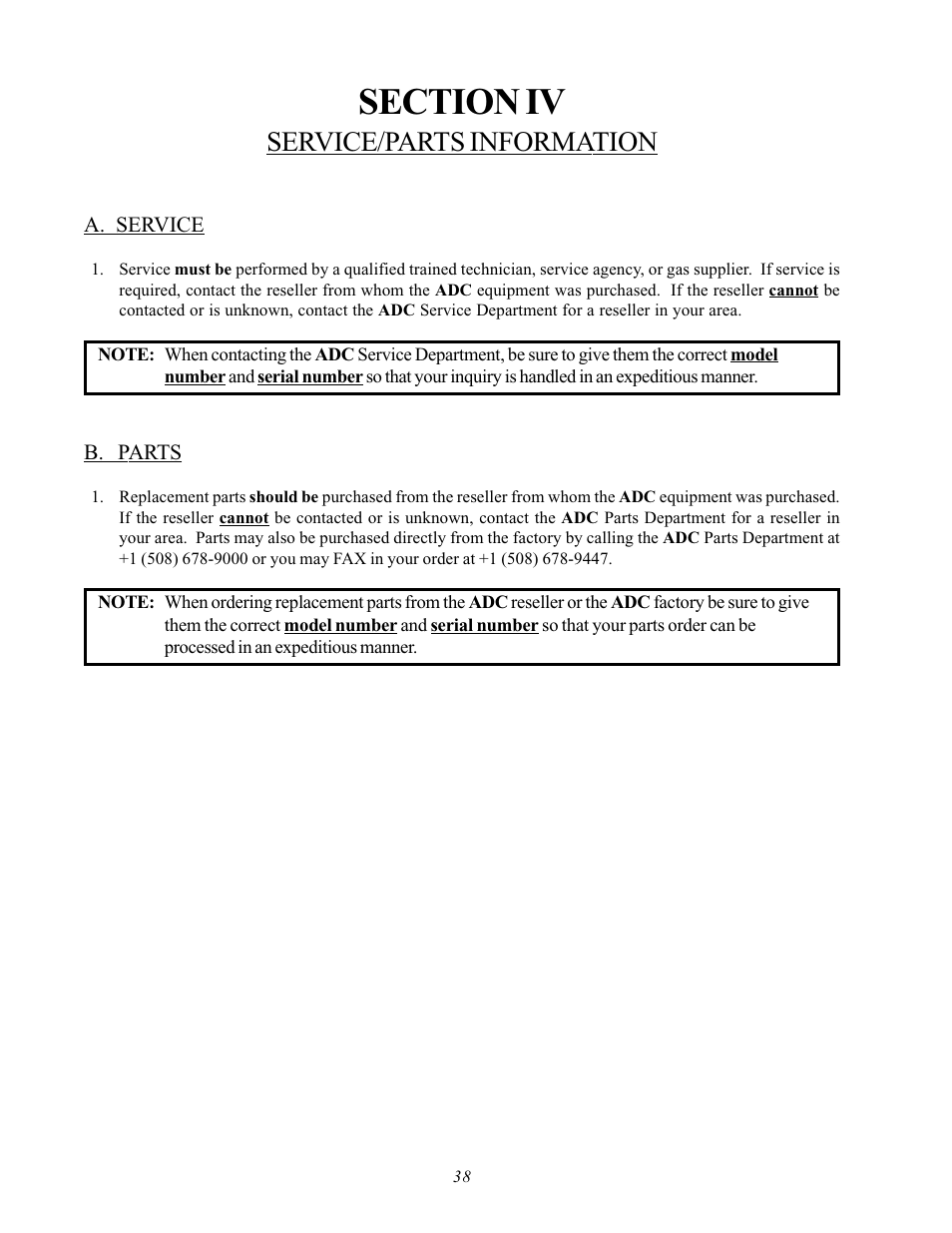 Section iv service/parts information, A. service b. parts, Service/parts information | ADC AD-170SE User Manual | Page 42 / 58