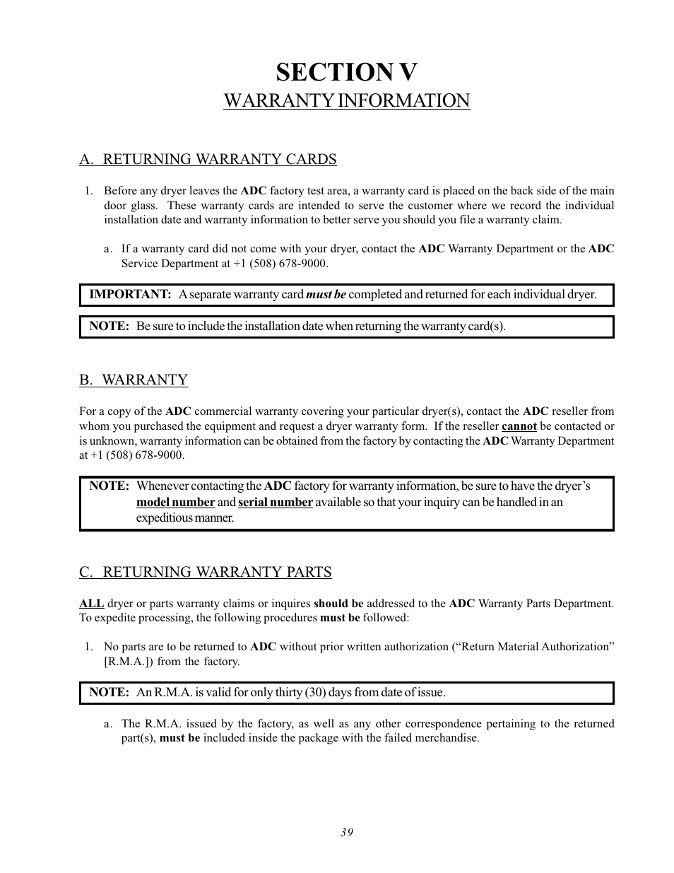 Section v warranty information, Warranty information | ADC AD-170SE User Manual | Page 43 / 58