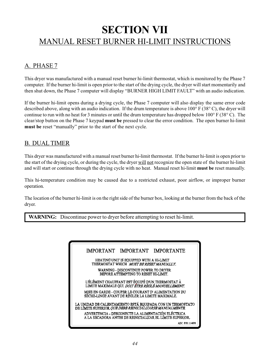 A. phase 7 b. dual timer, Manual reset burner hi-limit instructions | ADC AD-170SE User Manual | Page 48 / 58