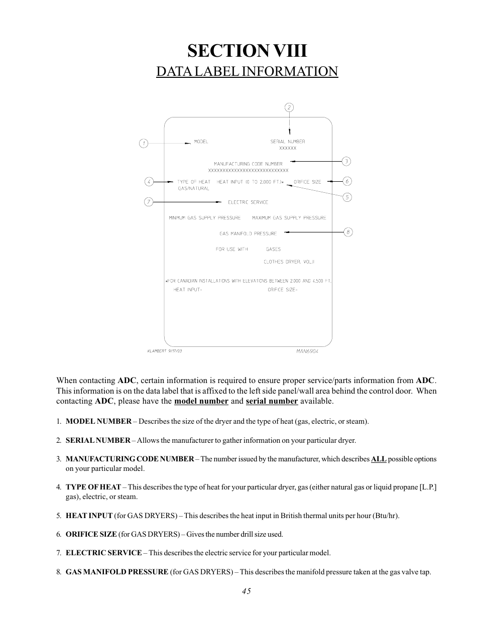 Section viii data label information, Data label information | ADC AD-170SE User Manual | Page 49 / 58