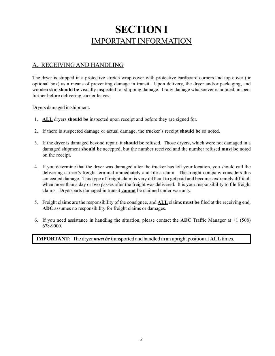 Section i important information, A. receiving and handling, Important information | ADC AD-170SE User Manual | Page 7 / 58