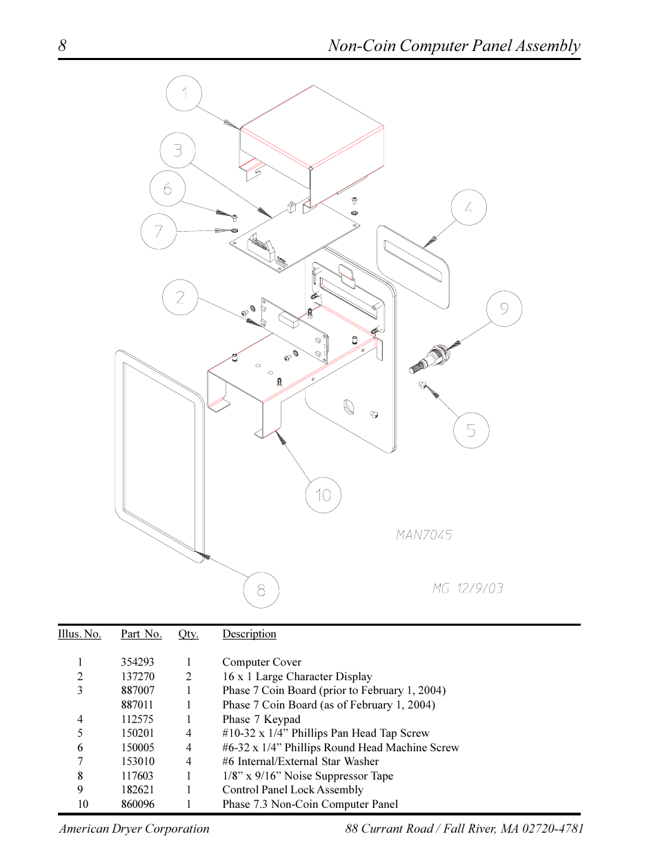 Main door steel assembly , 9, Non-coin computer panel assembly | ADC AD-360X2 User Manual | Page 10 / 38