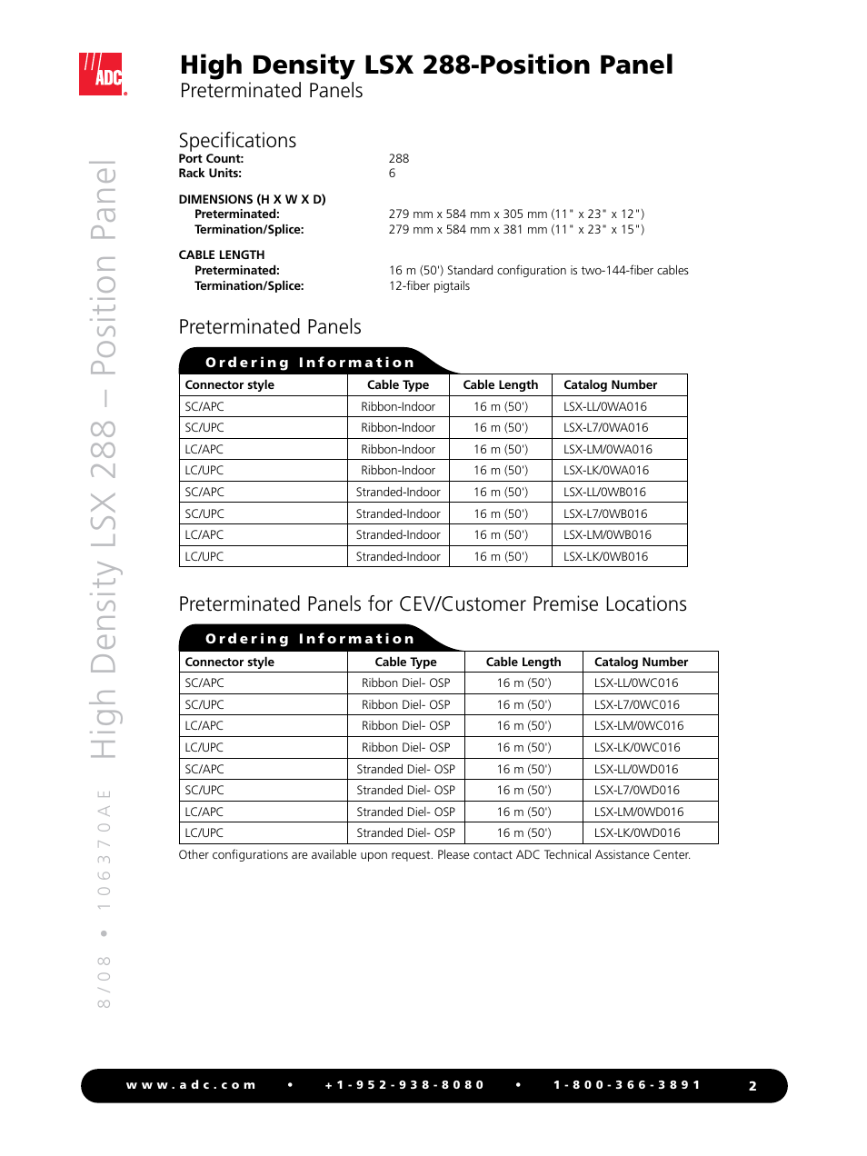 High density lsx 288 – position panel, High density lsx 288-position panel, Preterminated panels | Specifications | ADC High Density Position Panel LSX 288 User Manual | Page 2 / 8