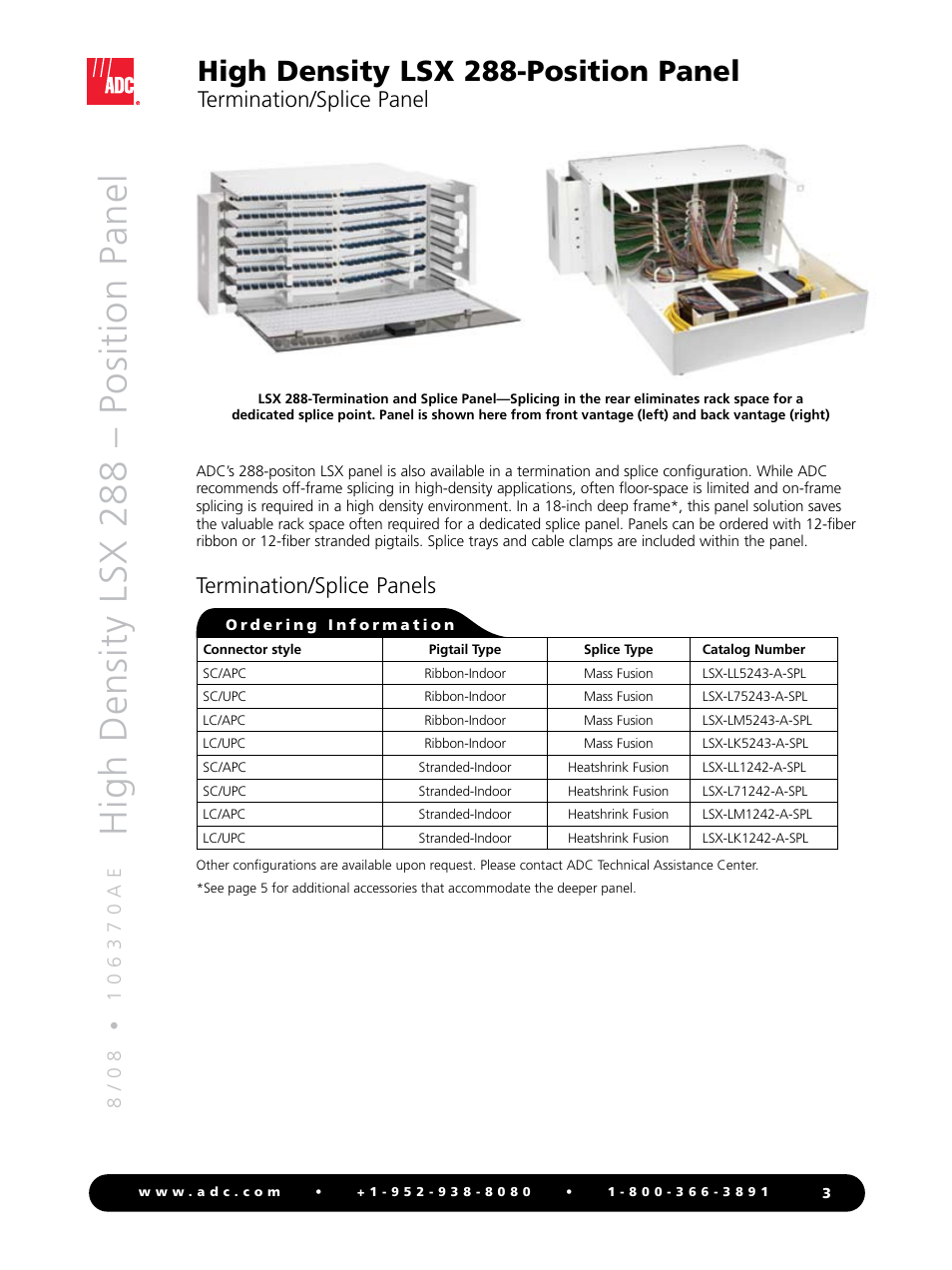 High density lsx 288 – position panel, High density lsx 288-position panel, Termination/splice panel | Termination/splice panels | ADC High Density Position Panel LSX 288 User Manual | Page 3 / 8