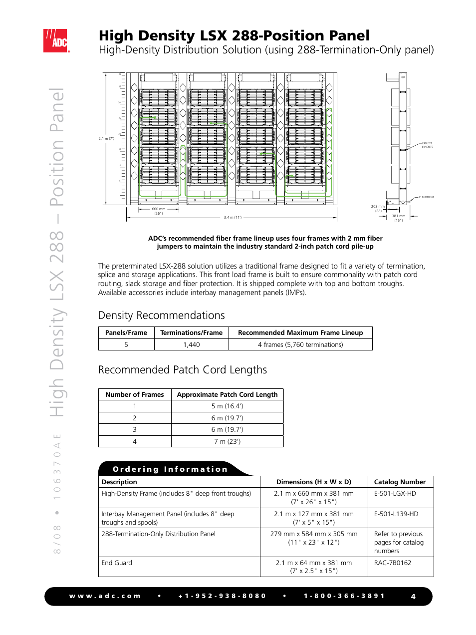 High density lsx 288 – position panel, High density lsx 288-position panel, Recommended patch cord lengths | Density recommendations | ADC High Density Position Panel LSX 288 User Manual | Page 4 / 8