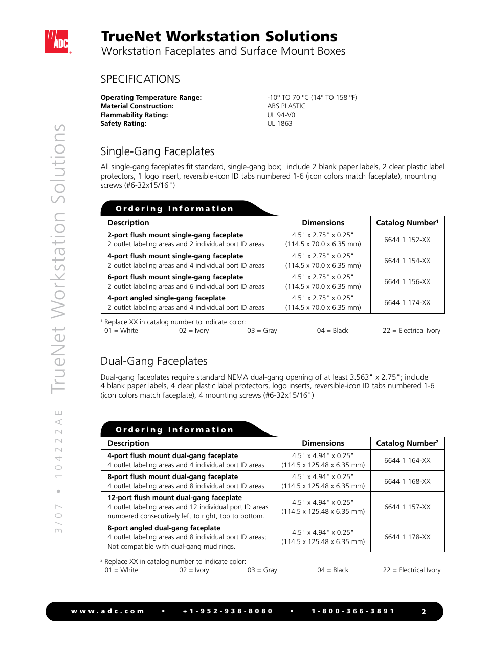 Truenet workstation solutions, Workstation faceplates and surface mount boxes, Specifications | Single-gang faceplates, Dual-gang faceplates | ADC TrueNet Workstation Solutions none User Manual | Page 2 / 4