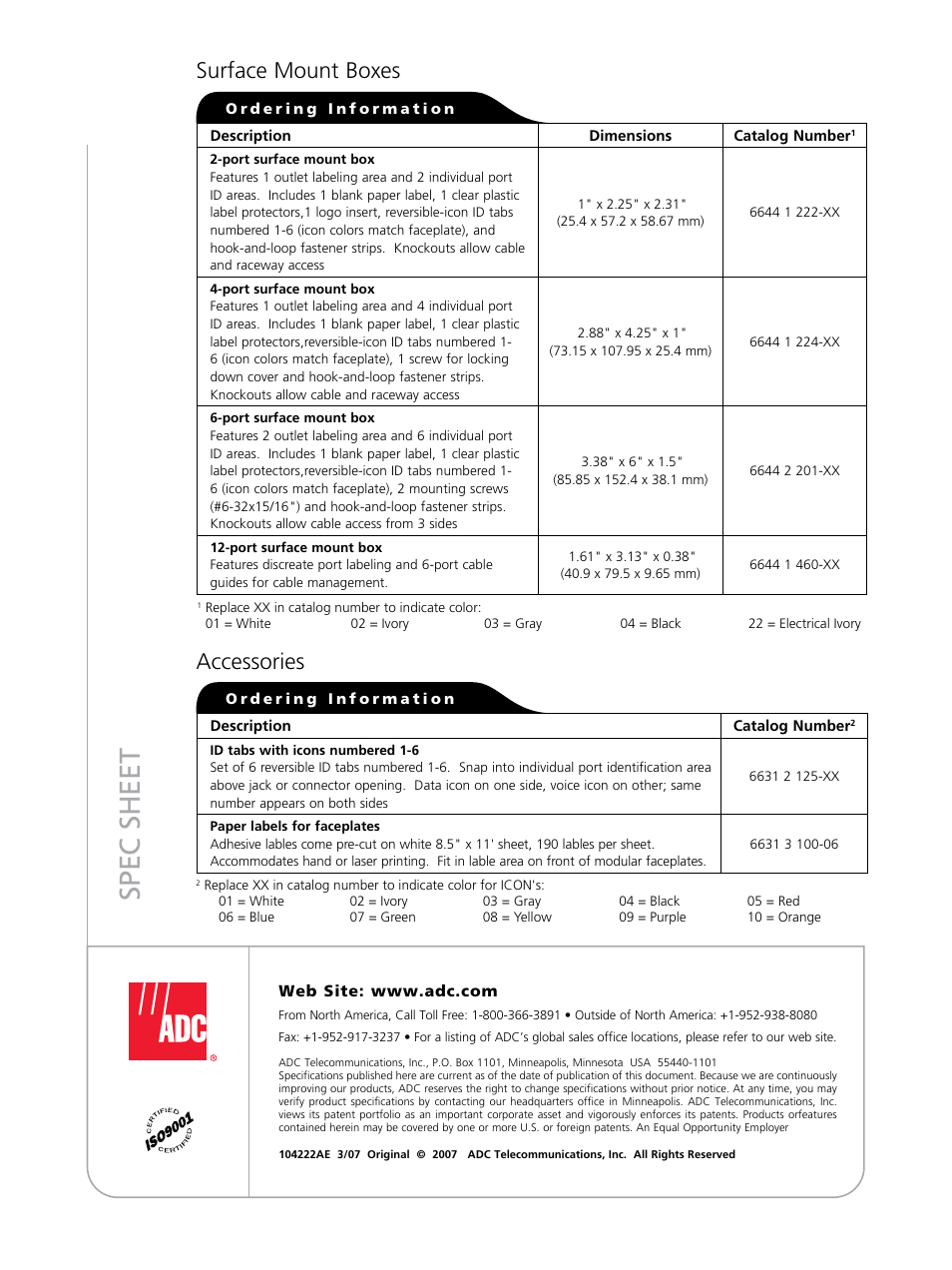 Sp ec s h ee t, Surface mount boxes, Accessories | ADC TrueNet Workstation Solutions none User Manual | Page 4 / 4