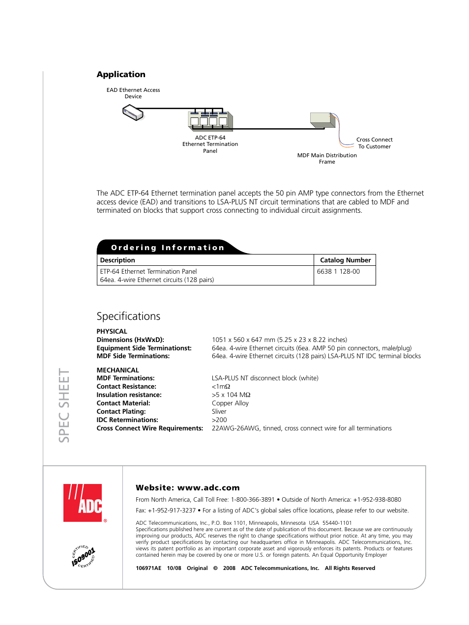 Spec sheet, Specifications | ADC ETP-64 User Manual | Page 2 / 2