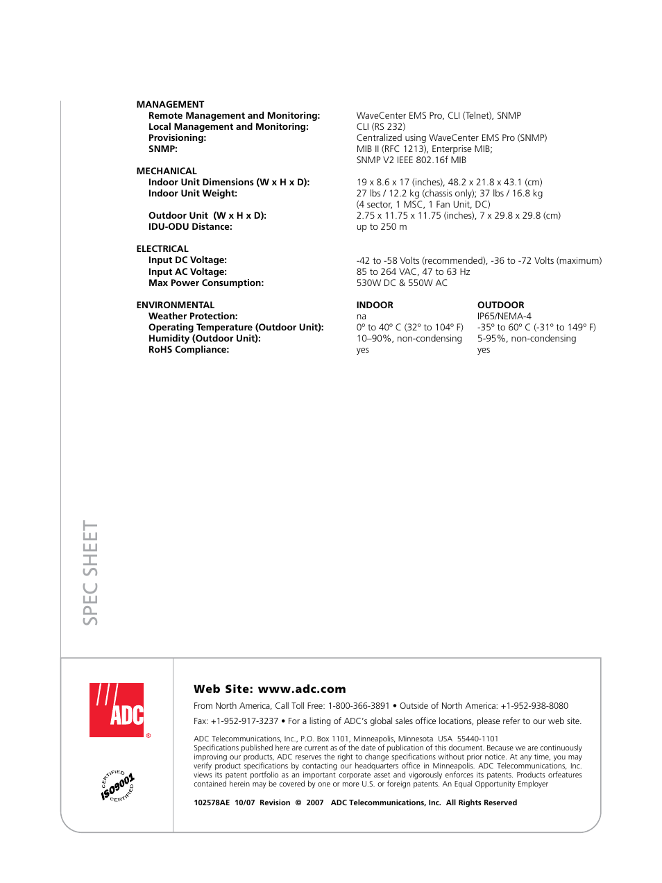 Spec sheet | ADC Carrier-Grade WiMAX Base Station WMX 5000 User Manual | Page 4 / 4