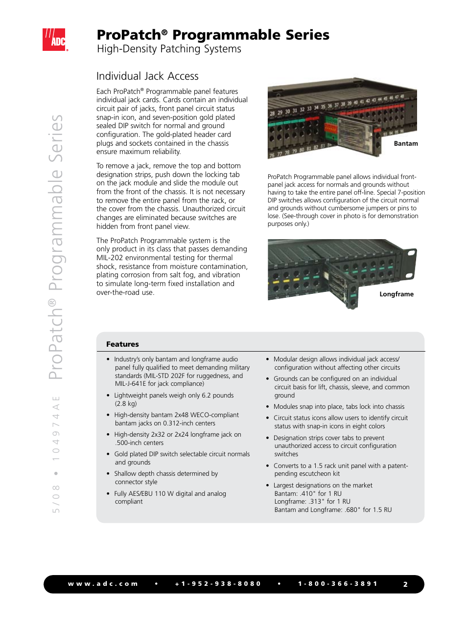 Pr opatch, Pr ogrammable series, Propatch | Programmable series, High-density patching systems, Individual jack access | ADC ProPatch Programmable Series User Manual | Page 2 / 12