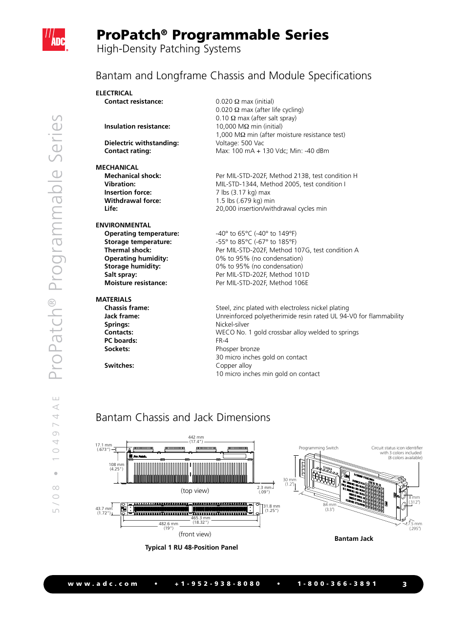 Pr opatch, Pr ogrammable series, Propatch | Programmable series, High-density patching systems, Bantam chassis and jack dimensions | ADC ProPatch Programmable Series User Manual | Page 3 / 12