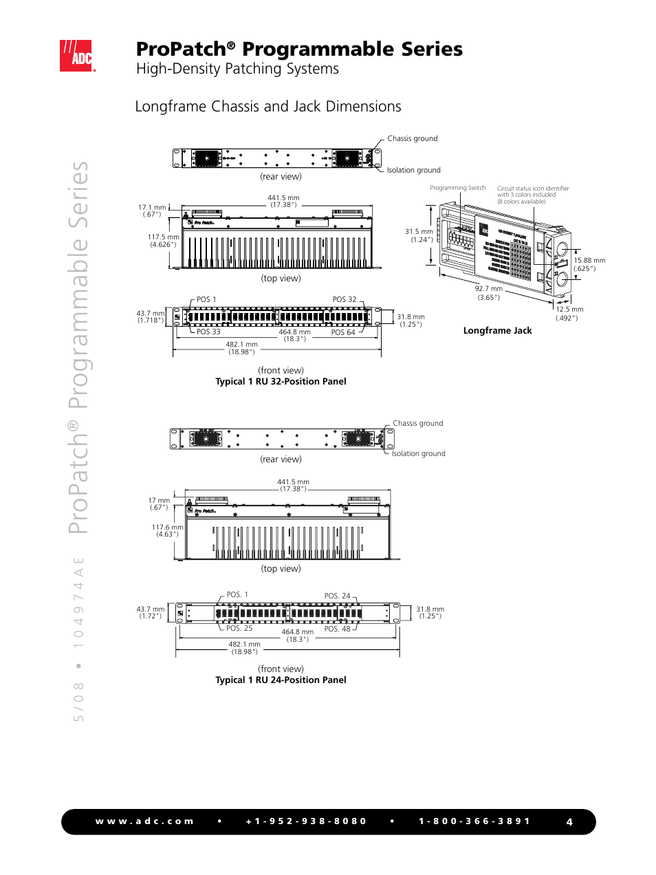 Pr opatch, Pr ogrammable series, Propatch | Programmable series, High-density patching systems, Longframe chassis and jack dimensions | ADC ProPatch Programmable Series User Manual | Page 4 / 12