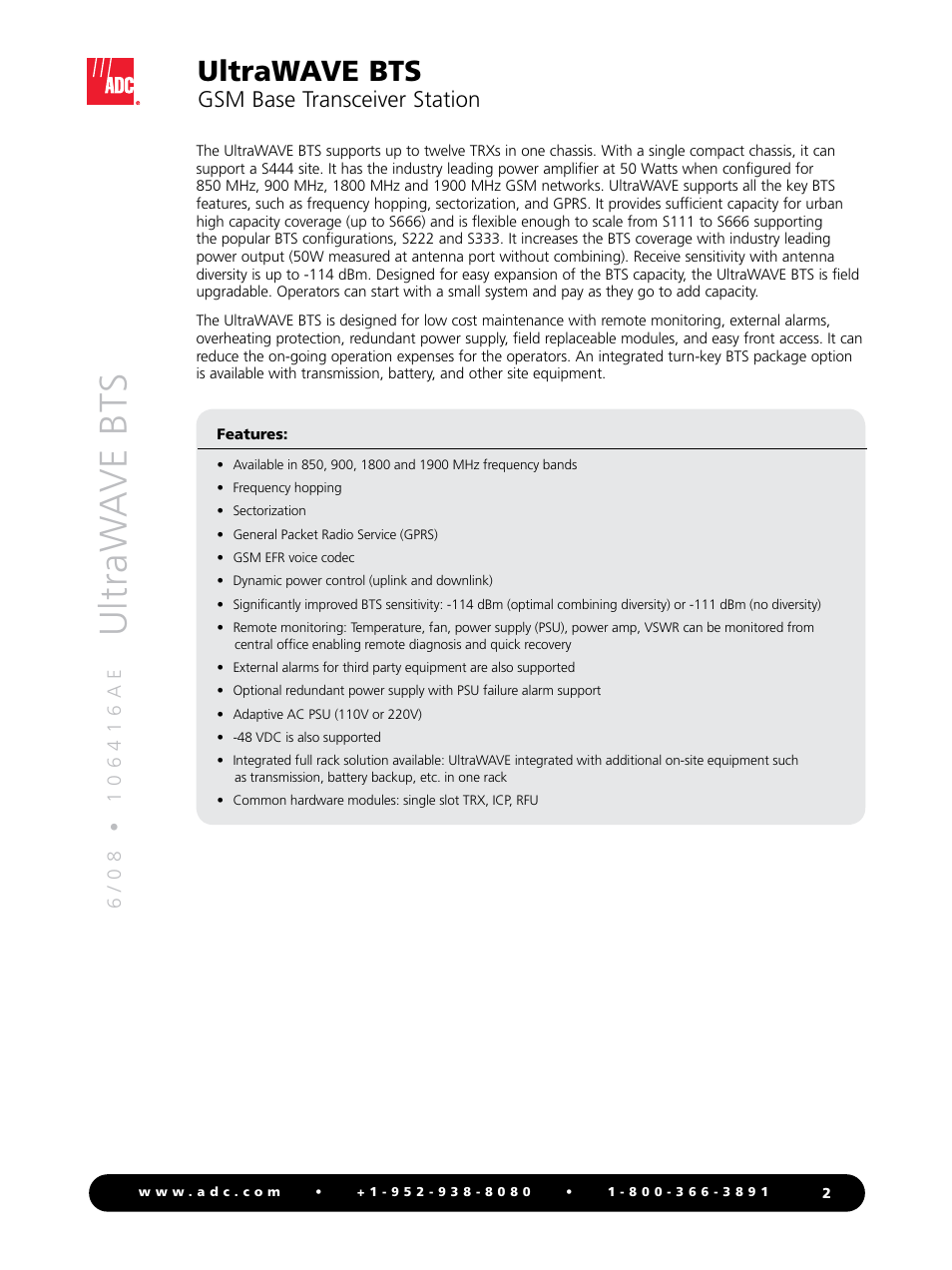 Ultraw a ve bts, Ultrawave bts, Gsm base transceiver station | ADC GSM Base Transceiver Station UltraWAVE BTS User Manual | Page 2 / 4