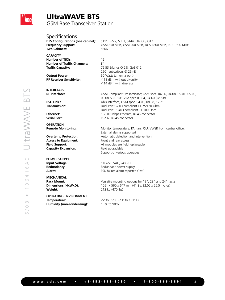 Ultraw a ve bts, Ultrawave bts, Gsm base transceiver station | Specifications | ADC GSM Base Transceiver Station UltraWAVE BTS User Manual | Page 3 / 4
