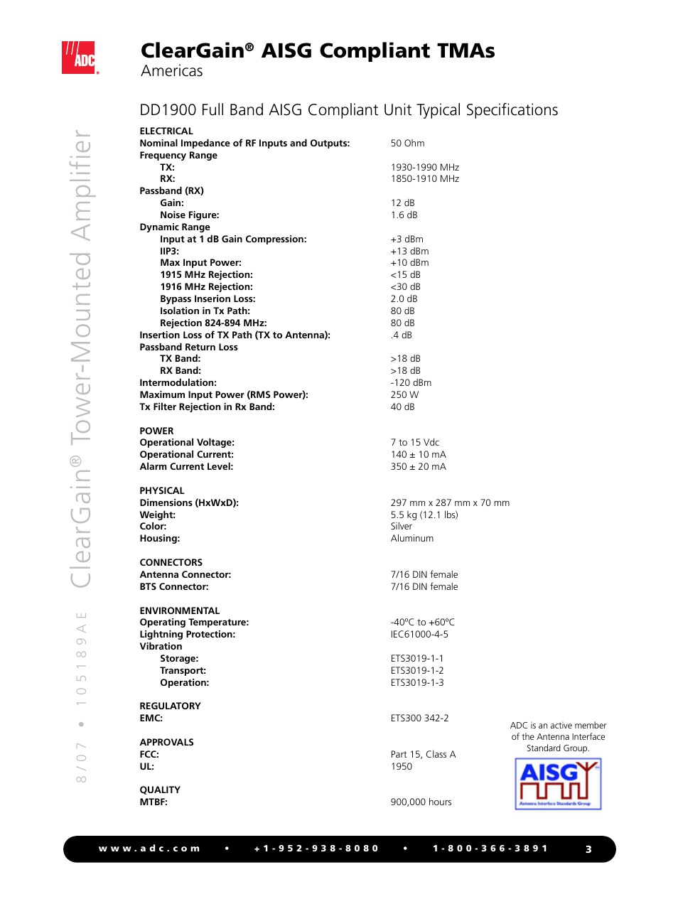 Cle ar g ai n, Cleargain, Aisg compliant tmas | Americas | ADC Tower-mounted Amplifier ClearGain User Manual | Page 3 / 8