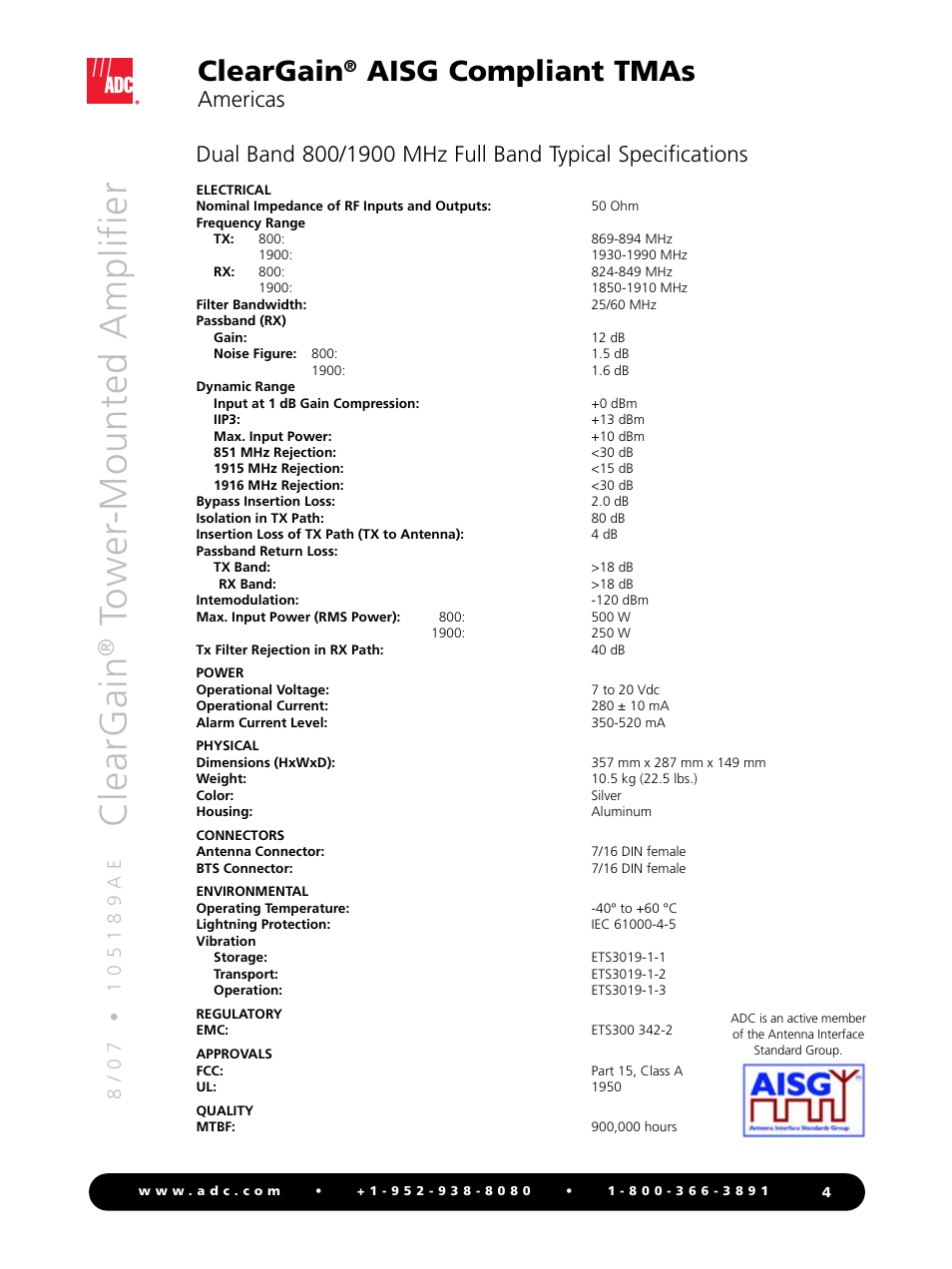 Cle ar g ai n, Cleargain, Aisg compliant tmas | Americas | ADC Tower-mounted Amplifier ClearGain User Manual | Page 4 / 8