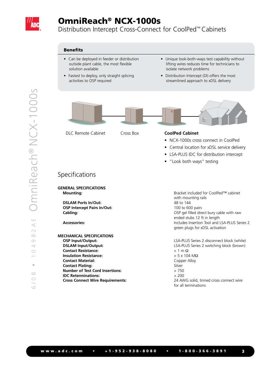 Omnireach, Ncx-1000s, Distribution intercept cross-connect for coolped | Cabinets, Specifications, Cross box dlc remote cabinet | ADC OmniReach NCX-1000s User Manual | Page 3 / 4