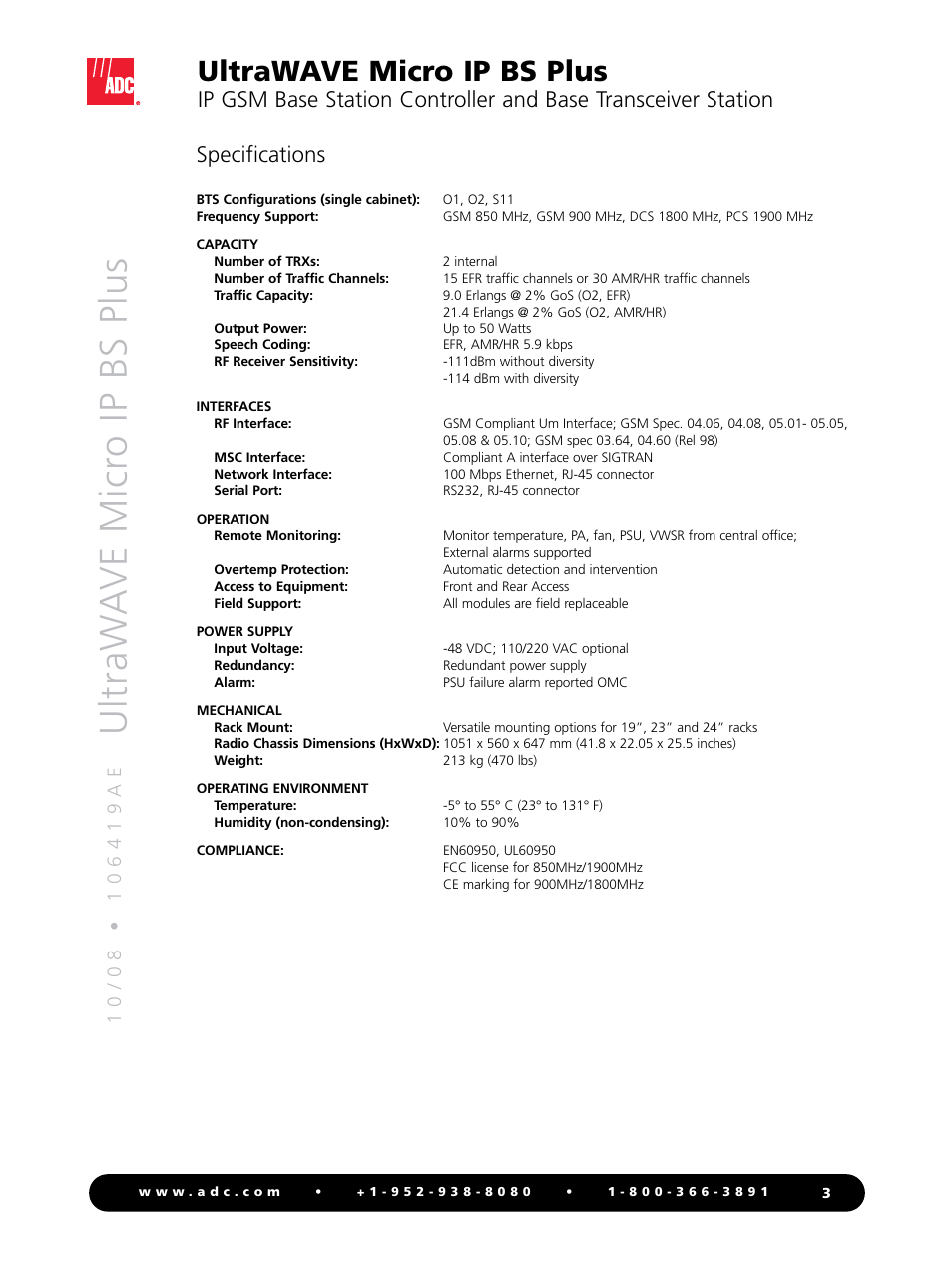 Ultraw a ve micr o ip bs plus, Ultrawave micro ip bs plus, Specifications | ADC Micro BS Plus UltraWAVE User Manual | Page 3 / 4