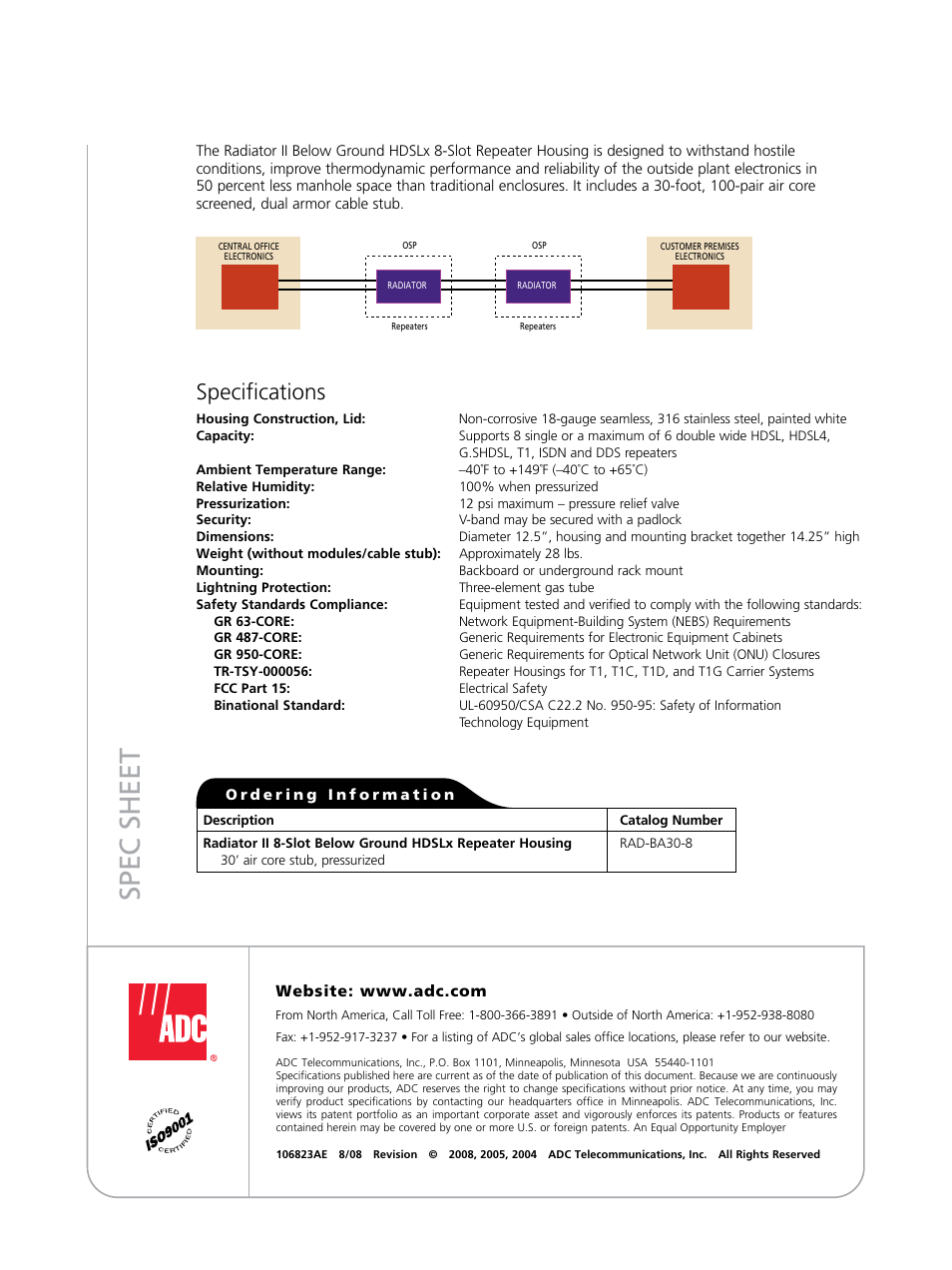 Spec sheet, Specifications | ADC Below Ground HDSLx 8-Slot Repeater Housing Radiator II User Manual | Page 2 / 2