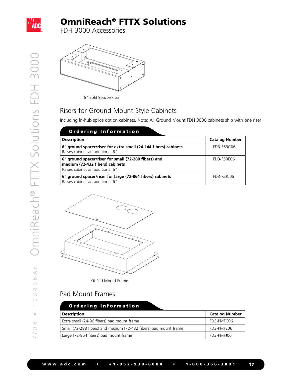 Omnireach, Fttx solutions fdh 3000, Fttx solutions | Fdh 3000 accessories, Pad mount frames, Risers for ground mount style cabinets | ADC OmniReach FDH 3000 User Manual | Page 17 / 20