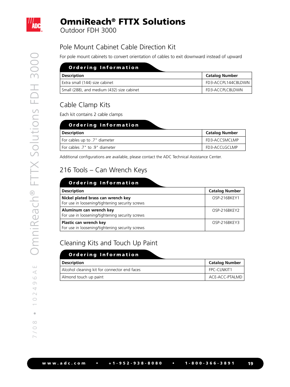 Omnireach, Fttx solutions fdh 3000, Fttx solutions | Outdoor fdh 3000, 216 tools – can wrench keys, Cleaning kits and touch up paint, Pole mount cabinet cable direction kit, Cable clamp kits | ADC OmniReach FDH 3000 User Manual | Page 19 / 20