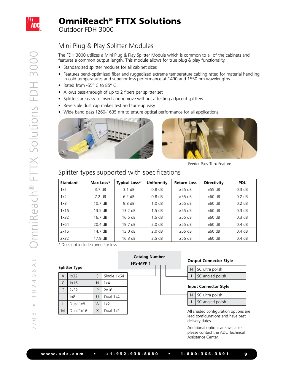 Omnireach, Fttx solutions fdh 3000, Fttx solutions | Outdoor fdh 3000, Mini plug & play splitter modules, Splitter types supported with specifications | ADC OmniReach FDH 3000 User Manual | Page 9 / 20