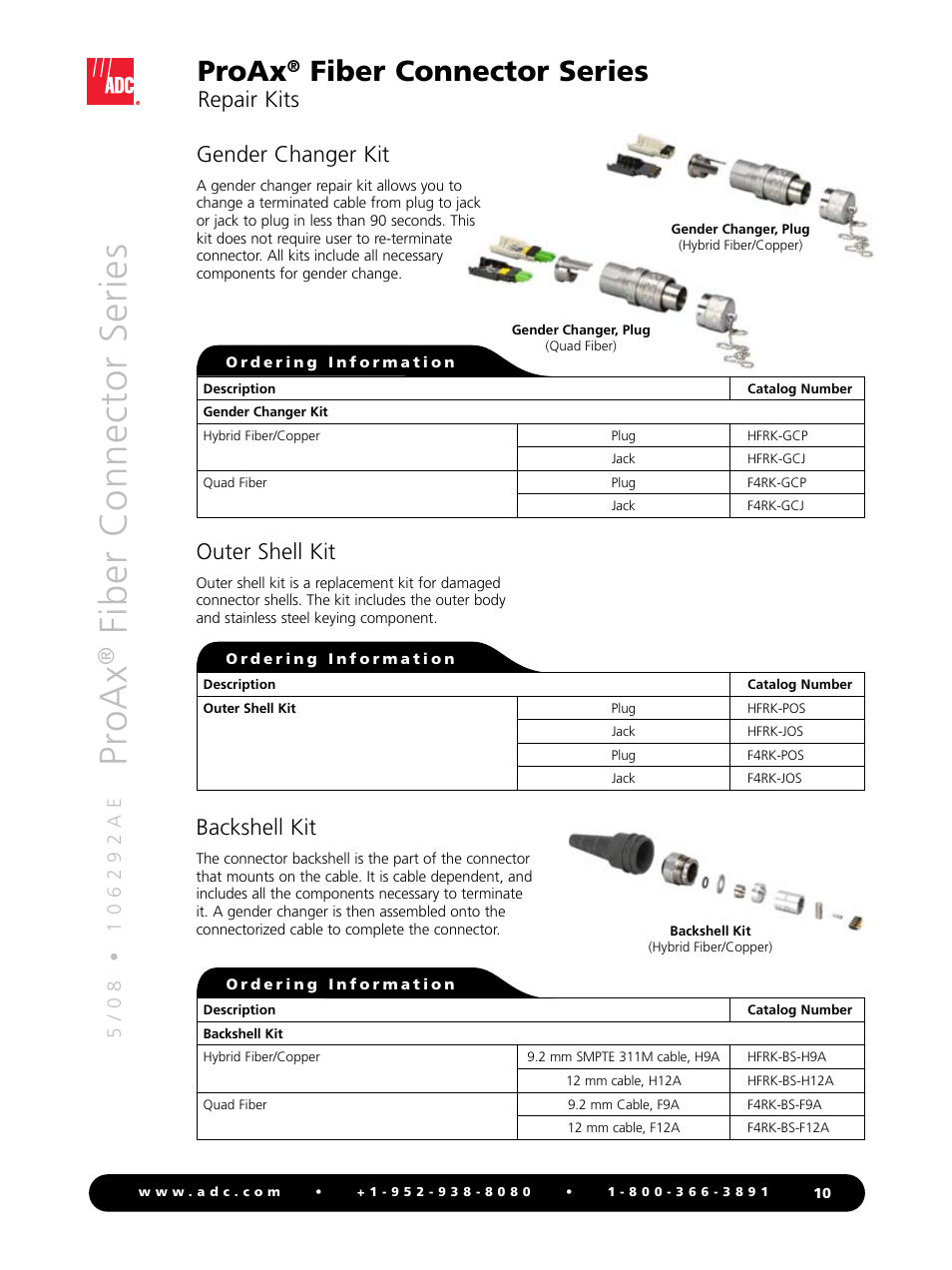 Pr oax, Fiber connector series, Proax | Repair kits, Gender changer kit, Outer shell kit, Backshell kit | ADC Triaxial Camera Connectors ProAx User Manual | Page 10 / 16