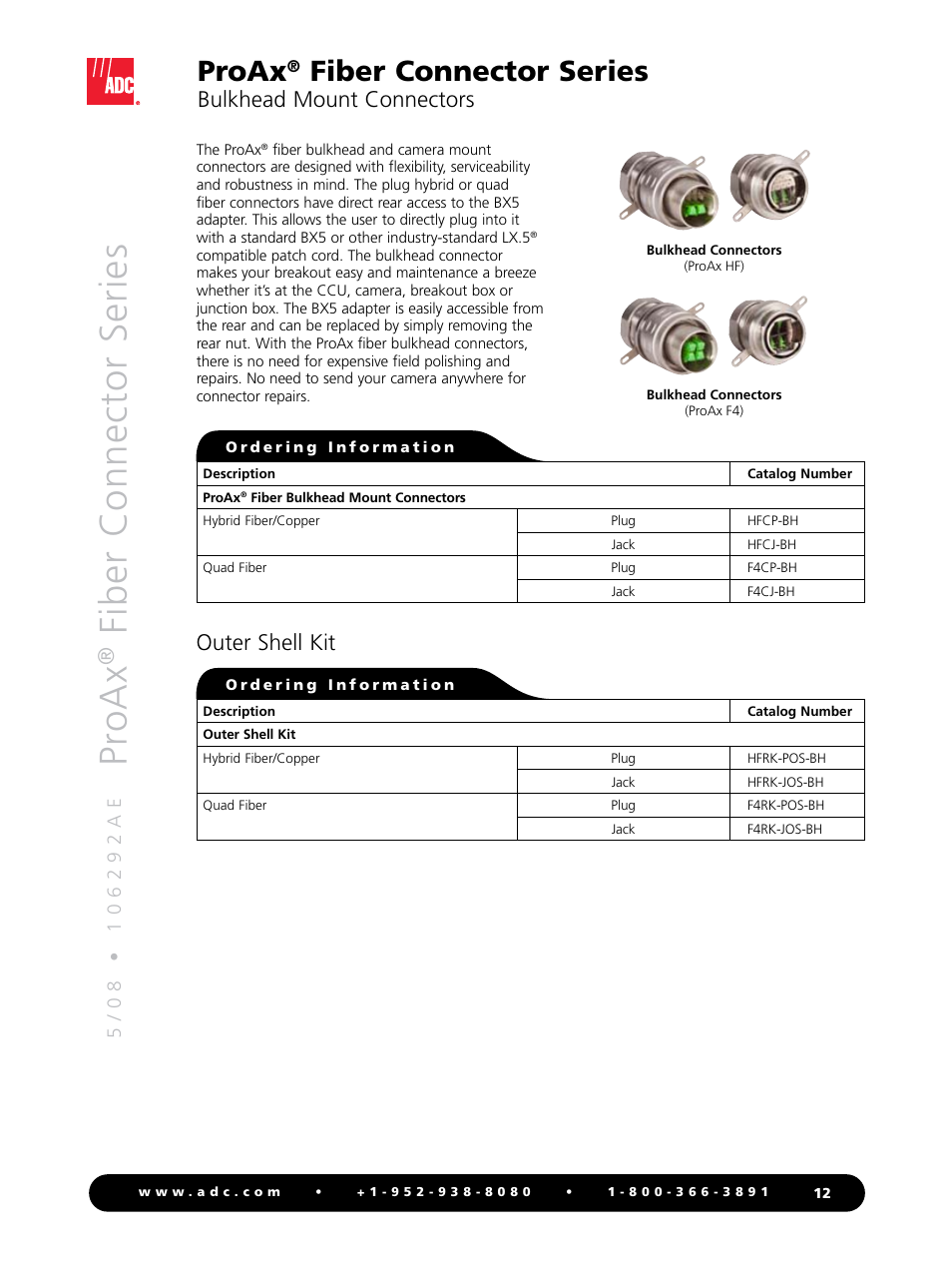 Pr oax, Fiber connector series, Proax | Bulkhead mount connectors, Outer shell kit | ADC Triaxial Camera Connectors ProAx User Manual | Page 12 / 16